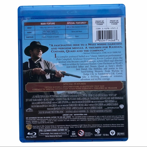 Blu-Ray Wyatt Earp 1994 Kevin Costner Dennis Quaid Gene Hackman EUC - Picture 2 of 3